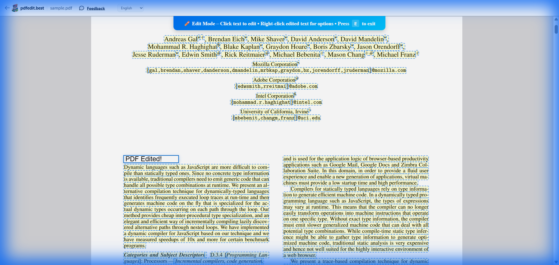 Screenshot of pdfedit.best editing existing PDF text inline — free, no watermark