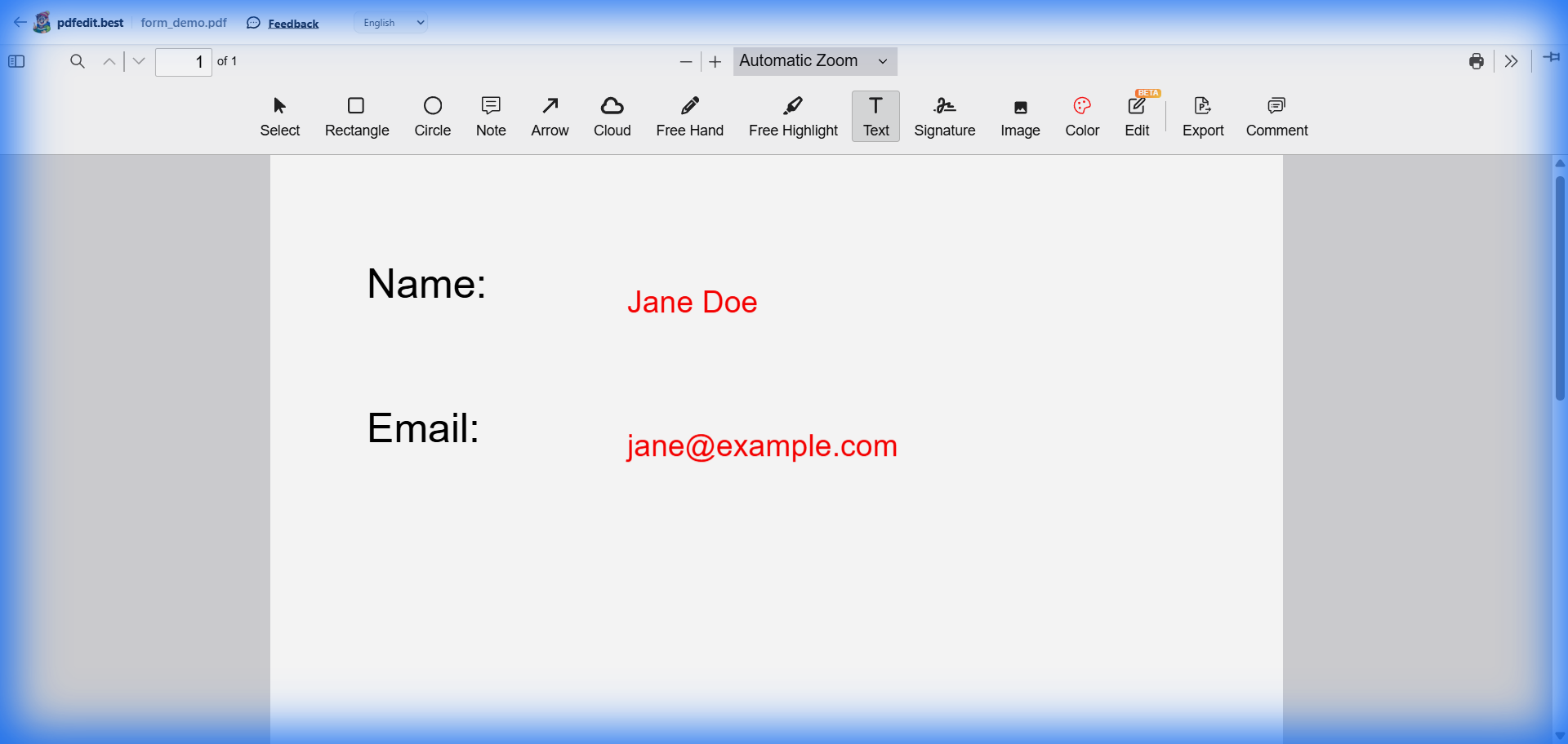 Screenshot of pdfedit.best filling a PDF form with Name and Email fields — free online