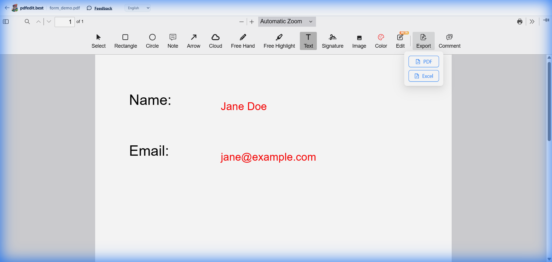 Screenshot of pdfedit.best clean export interface with PDF and Excel options — no watermark
