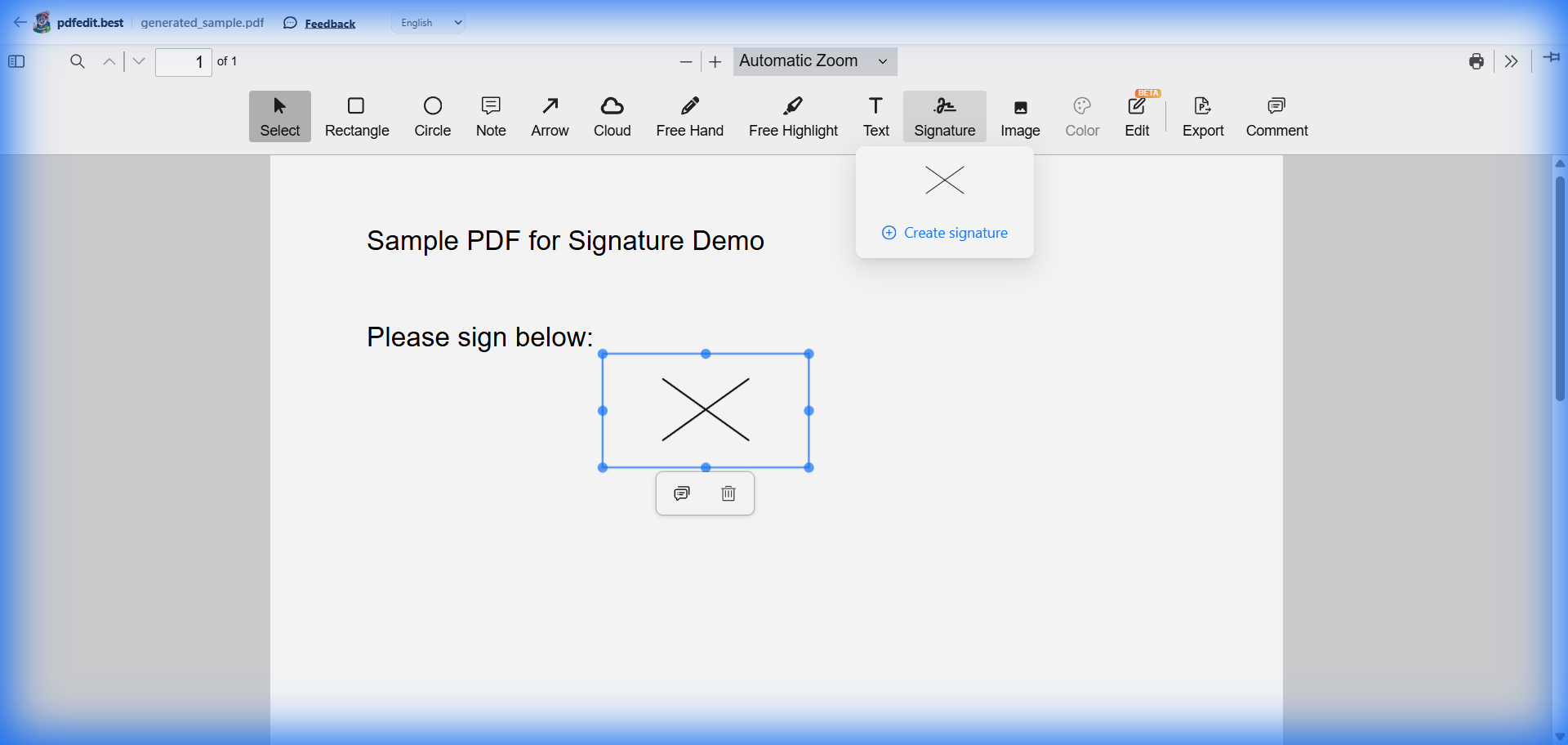 Screenshot of pdfedit.best signature tool — draw and place signatures on PDF for free